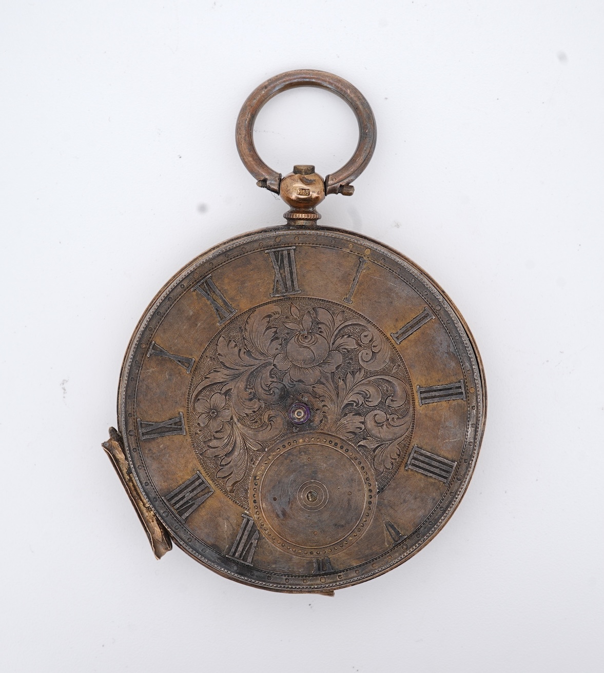 A damaged continental 18k lever pocket watch, together with a rolled gold pocket watch in similar condition.